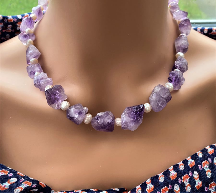 Amethyst and Pearl Necklace Lavender Necklace Raw Amethyst Necklace 