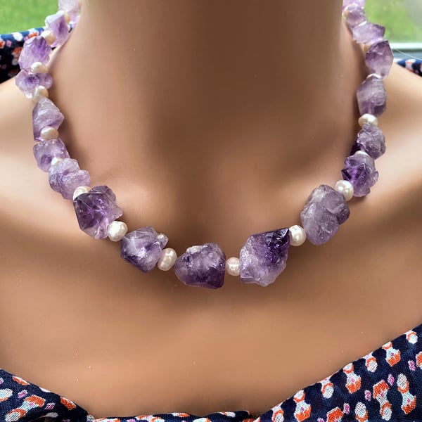 Amethyst and Pearl Necklace Lavender Necklace Raw Amethyst Necklace 