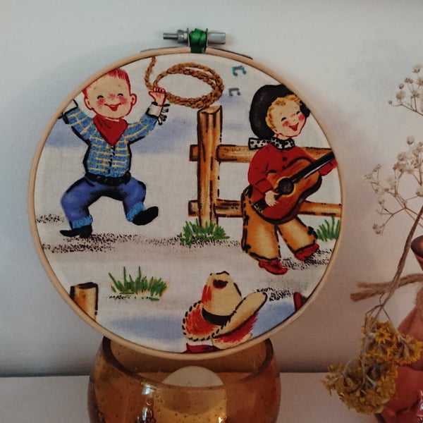 Lil Cowboys fabric hoop picture with embroidery 