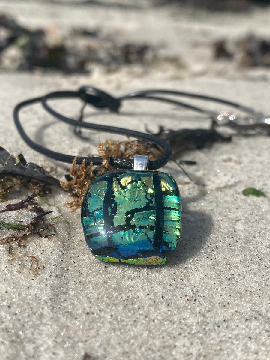 Iridescent dichroic fused glass pendant 