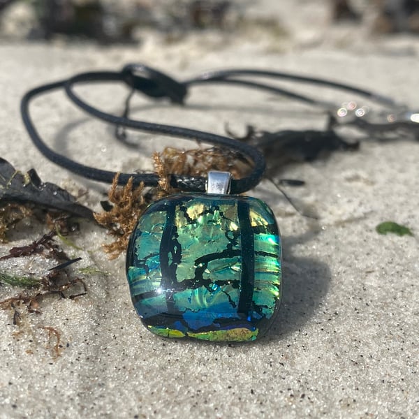 Iridescent dichroic fused glass pendant 