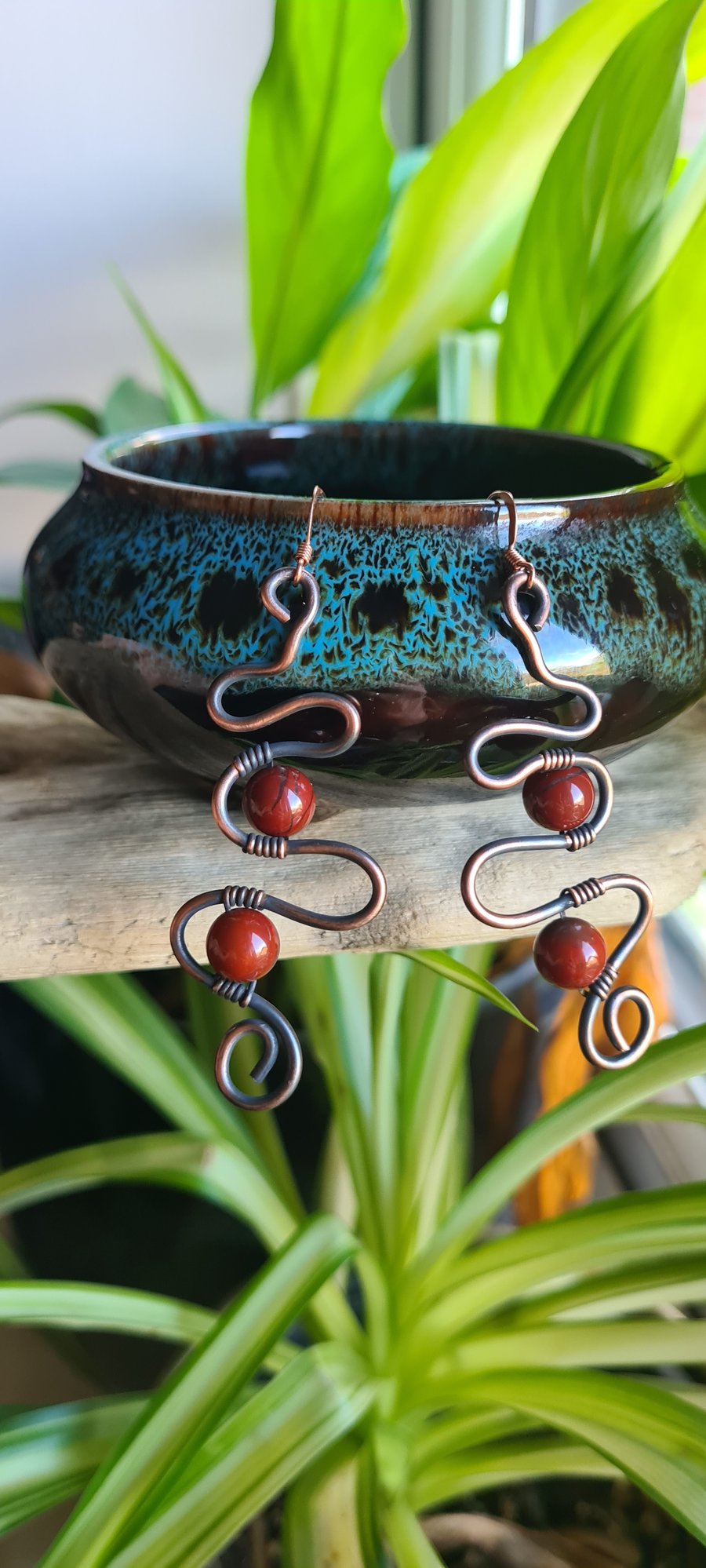 Handmade Natural Snakeskin Jasper & Antiqued Copper Earrings Gift Boxed 