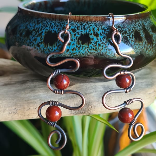 Handmade Natural Snakeskin Jasper & Antiqued Copper Earrings Gift Boxed 