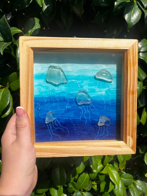 Sea glass art, jellyfish picture, handmade