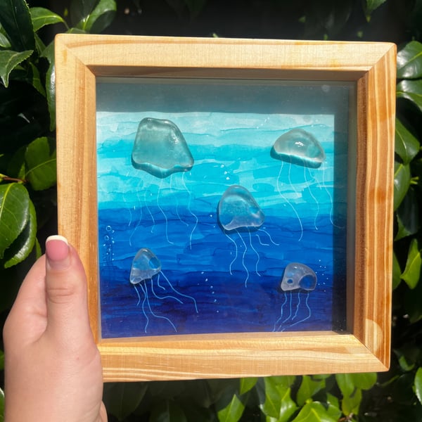 Sea glass art, jellyfish picture, handmade
