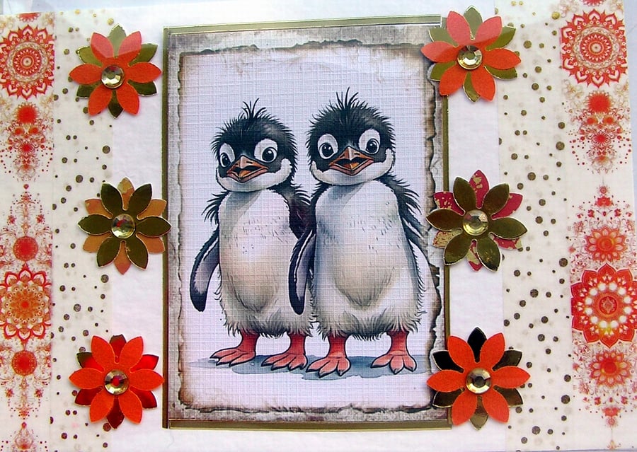 Comical Chubby Penguin Chicks - Hand Crafted Decoupage Greeting Card - 2931