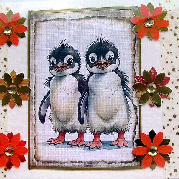 Comical Chubby Penguin Chicks - Hand Crafted Decoupage Greeting Card - 2931