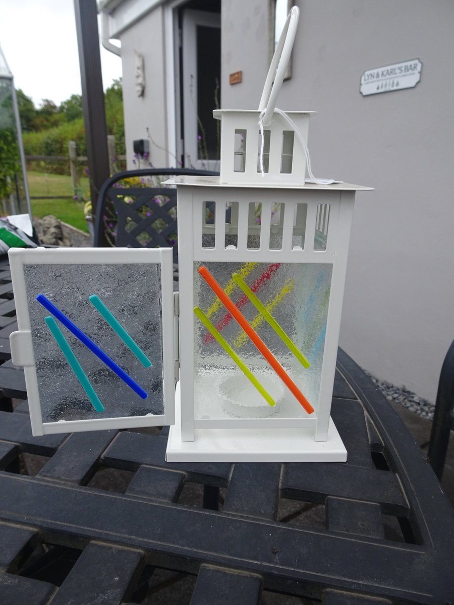 Small Fused Glass White Metal Lantern