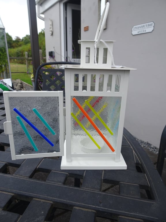 Small Fused Glass White Metal Lantern