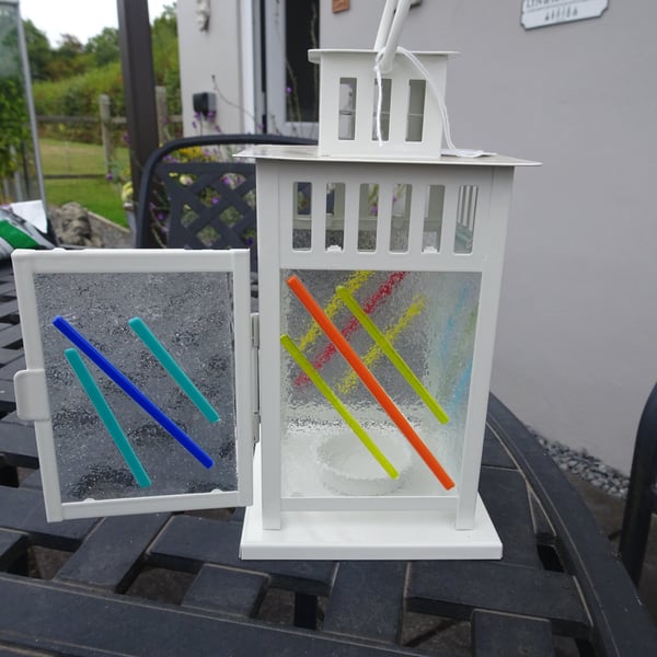 Small Fused Glass White Metal Lantern