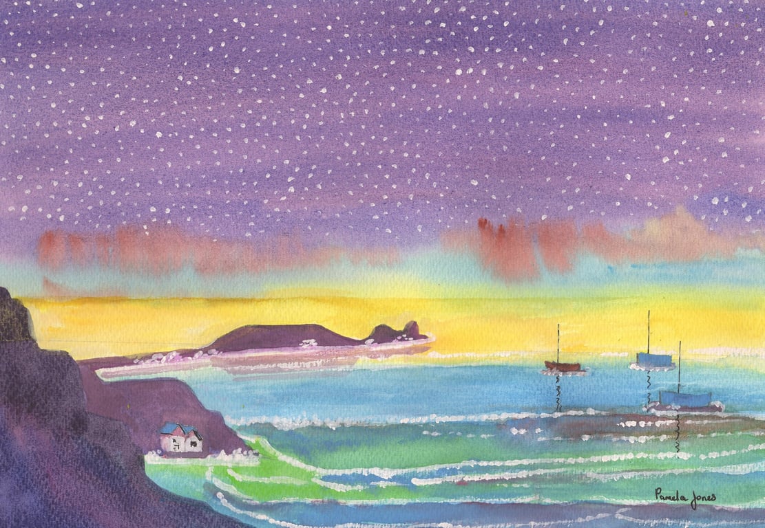 Tranquility, Rhossili Bay, Gower, Original Watercolour in 20 x 16'' Mount