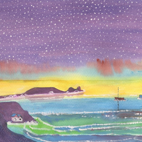 Tranquility, Rhossili Bay, Gower, Original Watercolour in 20 x 16'' Mount