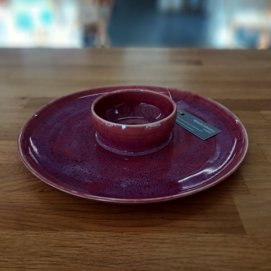 HAND MADE CERAMIC DIP AND CHIP DISH - glazed in glossy mulberry