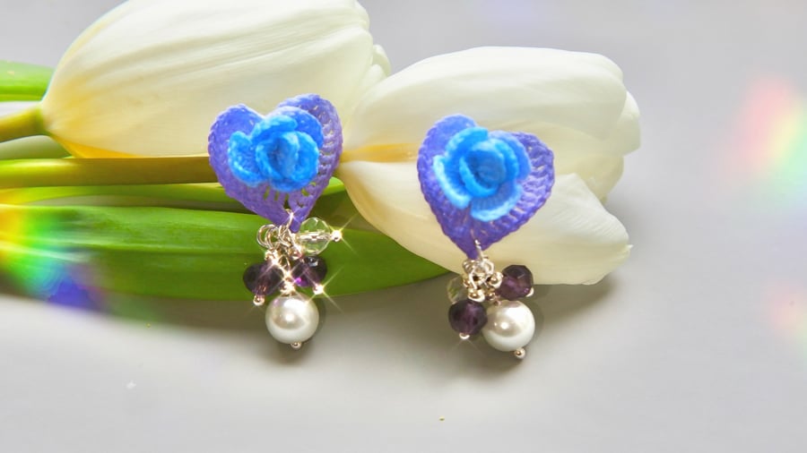 Microcrochet Purple Blue Heart Rose Stud Earrings 