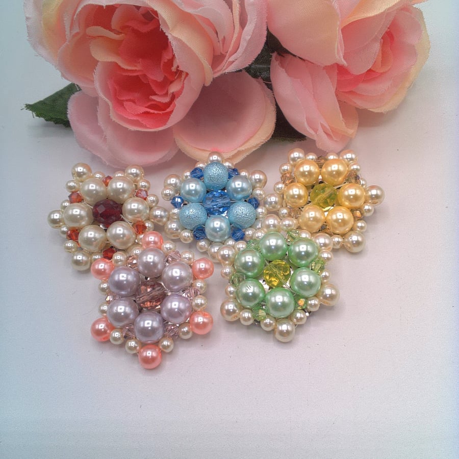 Hand Sewn Pearl and Crystal Flower Brooch, Gift for Her, Floral Brooch