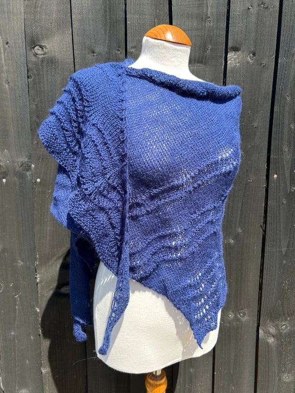 Feather Light Soft Navy Blue Merino Handknitted Lace Shawl Wrap Scarf