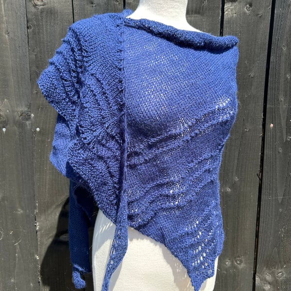 Feather Light Soft Navy Blue Merino Handknitted Lace Shawl Wrap Scarf