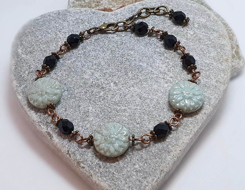 Black and pale mint green dahlia flower bead bracelet