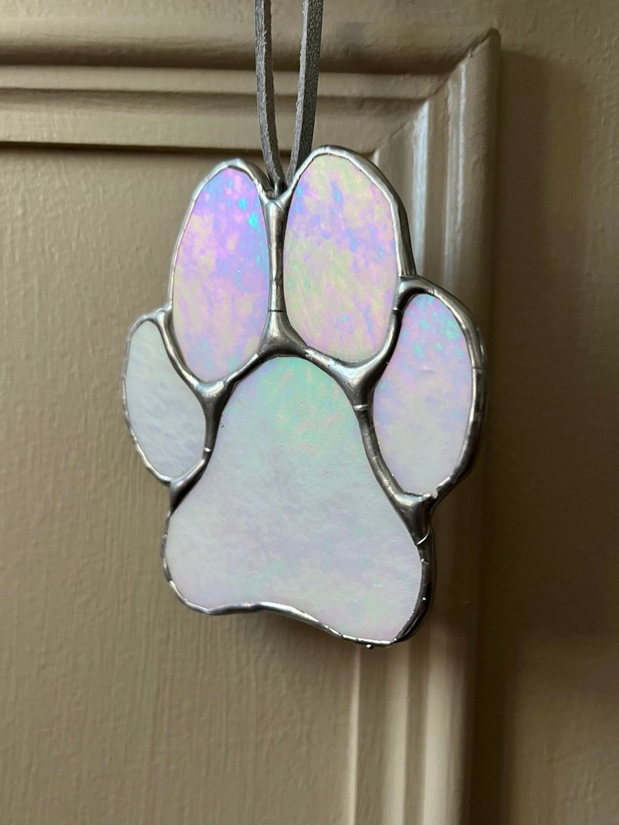 Iridescent white stained glass dog paw decoration - pet commemoration