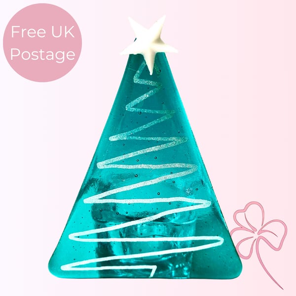 Peacok Blue Fused Glass Christmas Tree Candle Holder