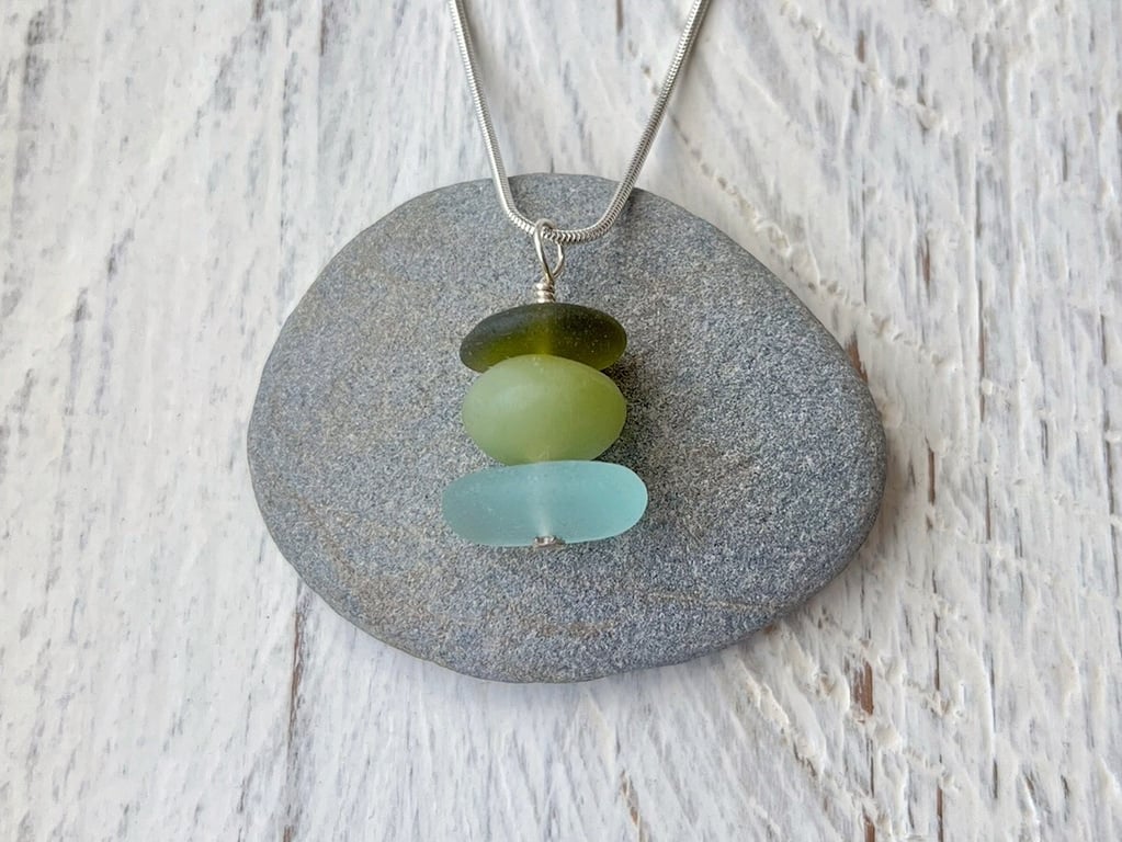 Jade and Cornish Sea Glass Stack Pendant - Olive
