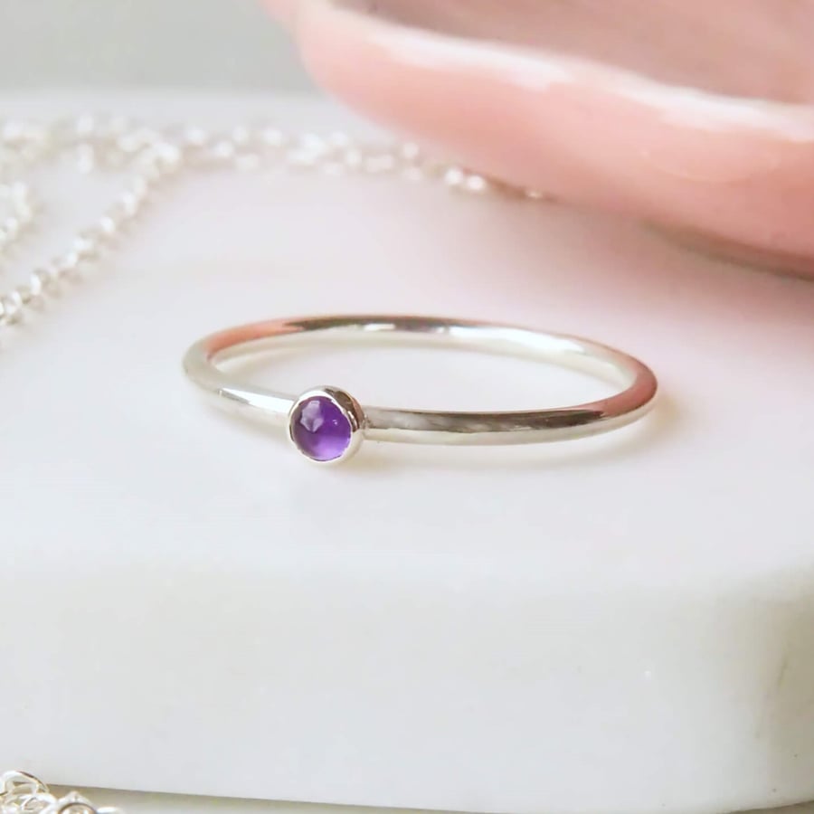 Amethyst Small Gemstone Ring - 3mm cabochon and Sterling Silver