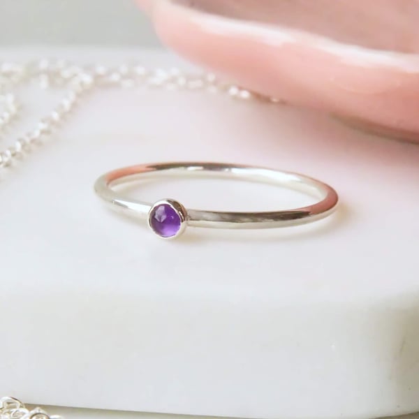Amethyst Small Gemstone Ring - 3mm cabochon and Sterling Silver