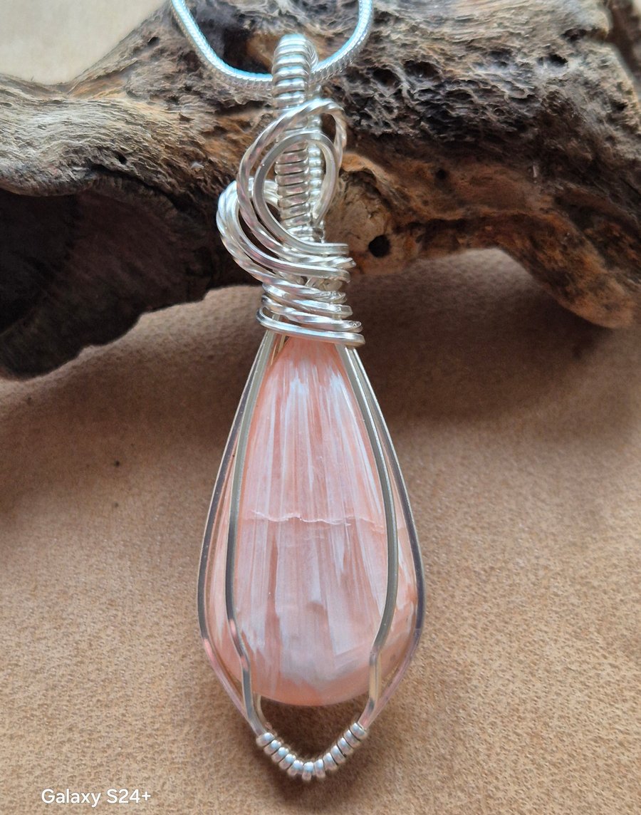 Scolecite cabochon wire wrapped in silver, on silver snake chain 