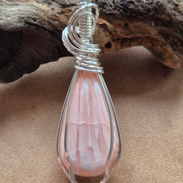 Scolecite cabochon wire wrapped in silver, on silver snake chain 