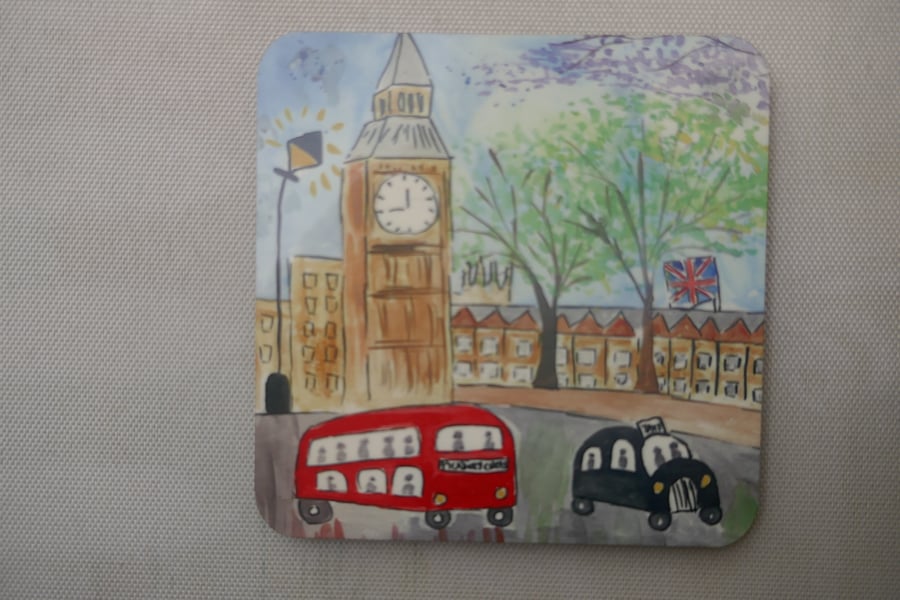 Quirky London, Big Ben and Red Bus Coaster 9 cm x 9 cm