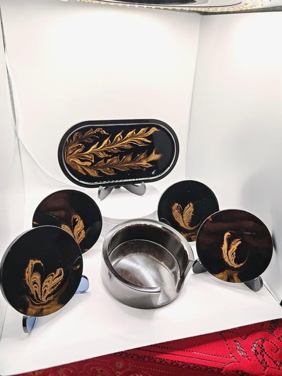 Black and Gold Resin Trinket Tray And Coasters Set: Handmade Elegant Coffee Serv