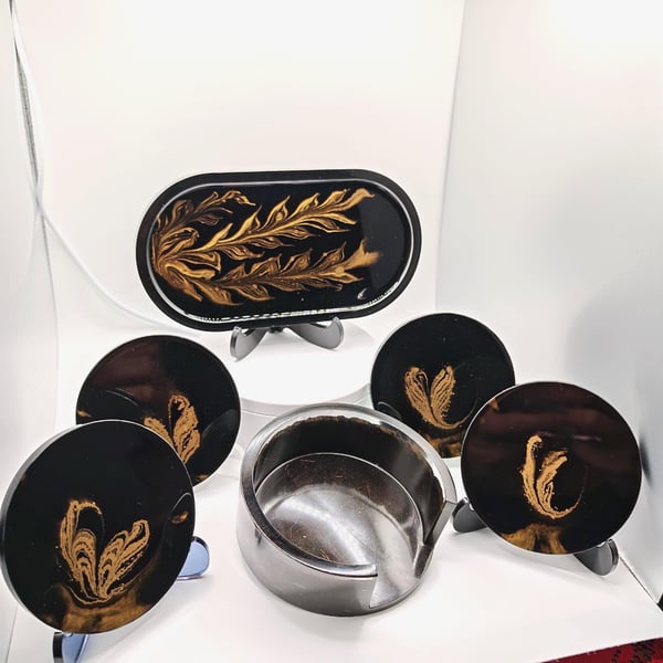 Black and Gold Resin Trinket Tray And Coasters Set: Handmade Elegant Coffee Serv