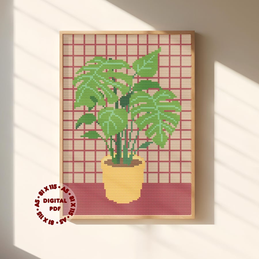Monstera House Plant Cross Stitch Pattern (Needlepoint Compatible), Instant PDF