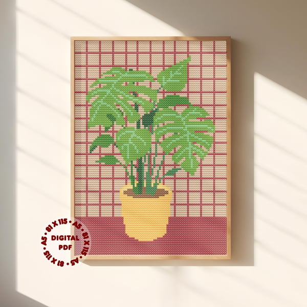 Monstera House Plant Cross Stitch Pattern (Needlepoint Compatible), Instant PDF