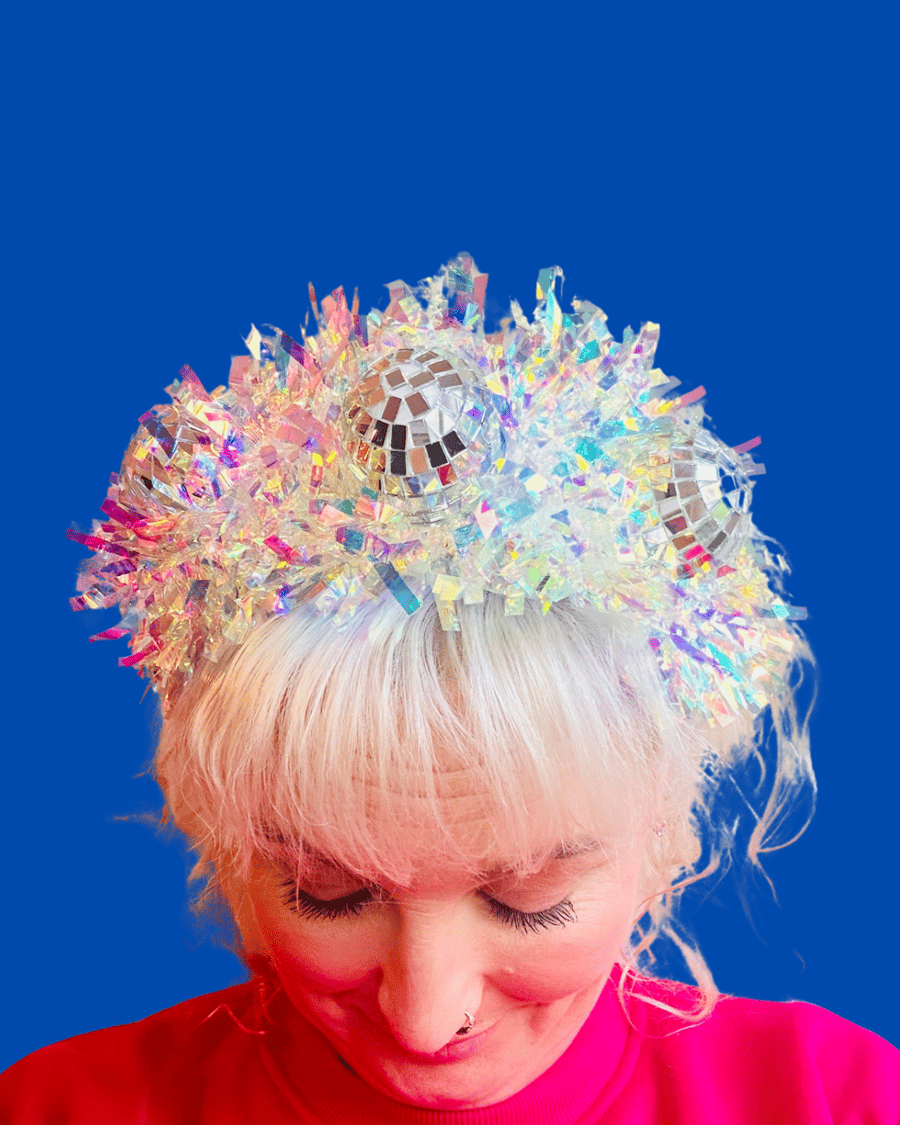 Handmade Disco Time! headband with iridescent crinkle and lights!