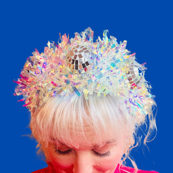 Handmade Disco Time! headband with iridescent crinkle and lights!