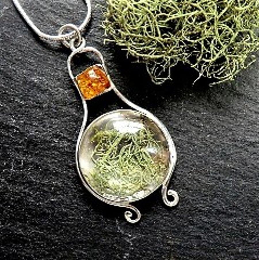 Natural lichen pendant - amber pendant - organic jewellery