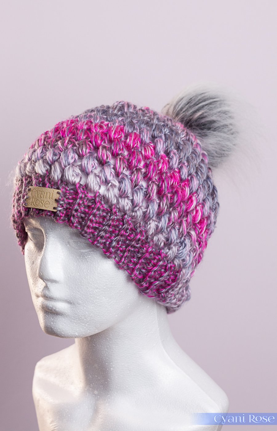 Hat crochet with handmade faux fur detachable pompom grey