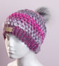 Hat crochet with handmade faux fur detachable pompom grey