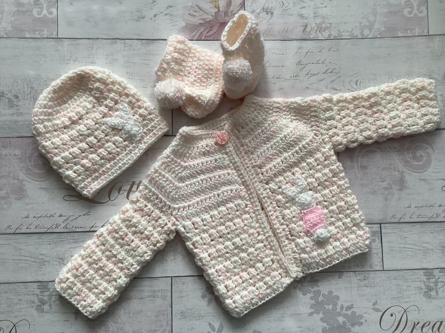 Crochet New Baby Cardigan, Hat and Booties Set