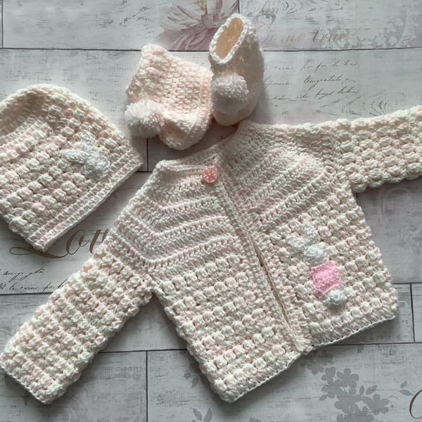 Crochet New Baby Cardigan, Hat and Booties Set