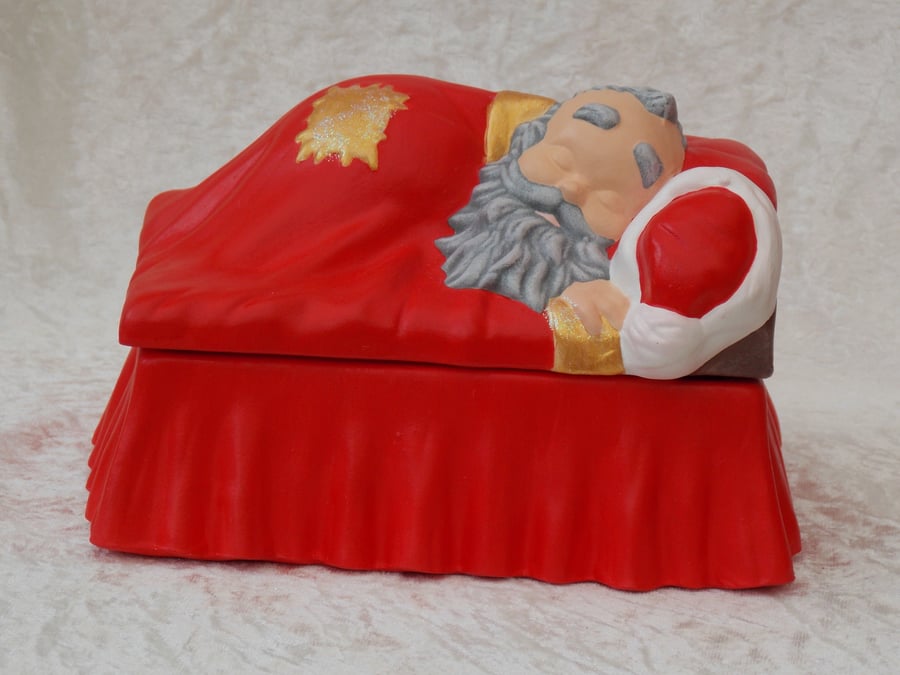 Hand Painted Ceramic Father Christmas Santa In Bed Cookie Candy Box Decoration.