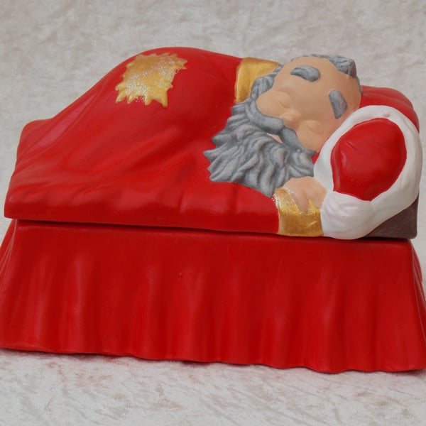 Hand Painted Ceramic Father Christmas Santa In Bed Cookie Candy Box Decoration.