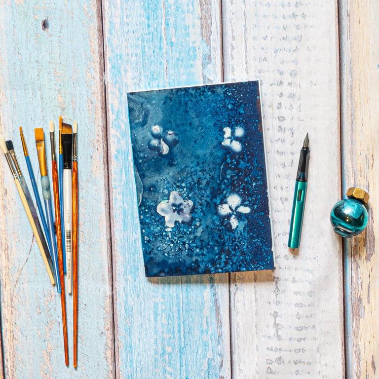 A5 Artists’ Sketchbook, Calligraphy Paper, Cyanotype Print of Flowers, Folksy083