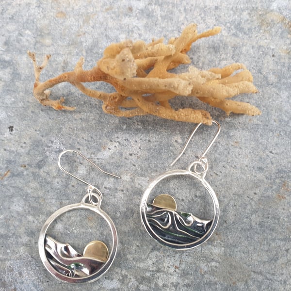 Silver sun rising over the sea or mountain earrings