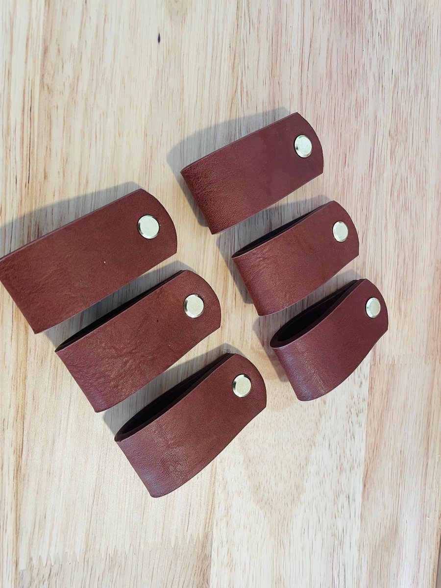 Faux Leather Drawer Pulls, Classic Brown Cabinet Knobs, Scandi Style (Set of 6)