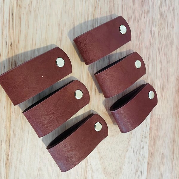 Faux Leather Drawer Pulls, Classic Brown Cabinet Knobs, Scandi Style (Set of 6)