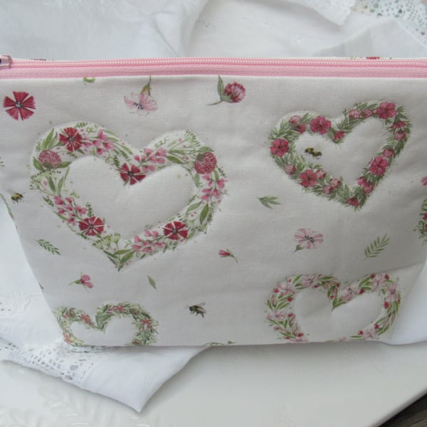 Love Hearts Quilted Make up Bag, Cosmetic Bag