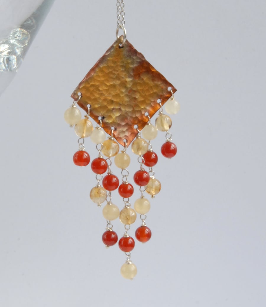 Larger fringed copper pendant with sterling silver chain (orange, red, yellow)