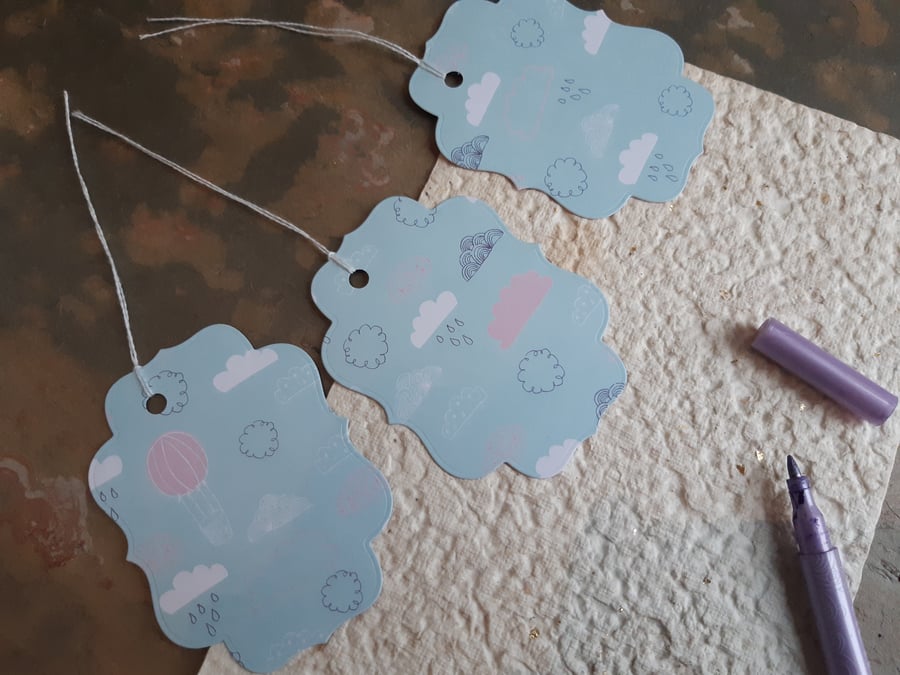 3x large gift tags - pink and blue rain clouds